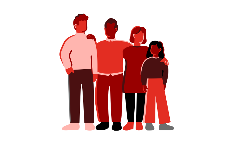 Illustrasjon av fire personer som holder armene rund hverandre