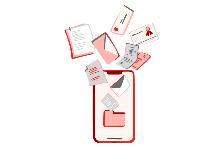 Illustrasjon av en mobil med flere brev som flyter inn 